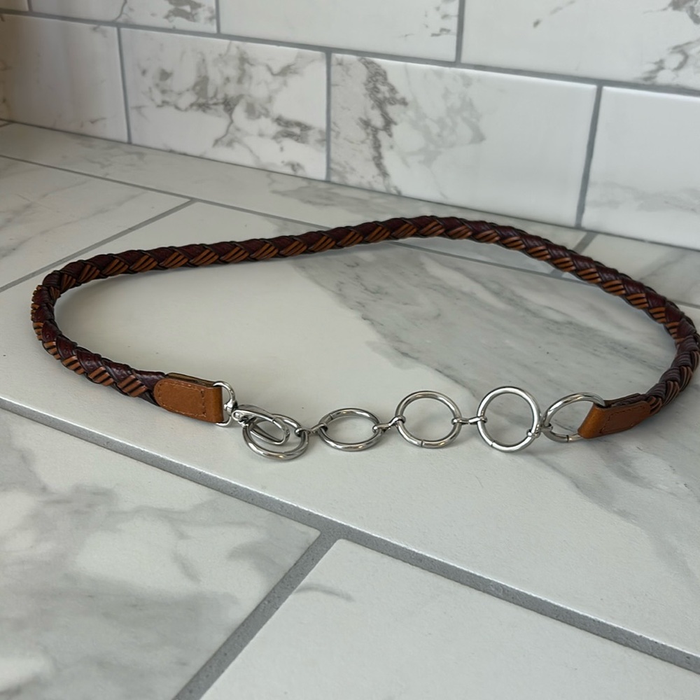 Brown woven belt with silver metal ring clasp